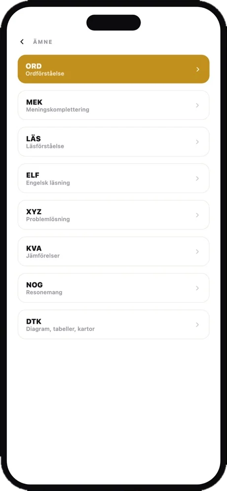 HP Klar lista med alla åtta delprov: ORD, MEK, LÄS, ELF, XYZ, KVA, NOG och DTK